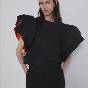 Zara Black Top with Fuchsia & Orange Ruffle - size Small NEW!